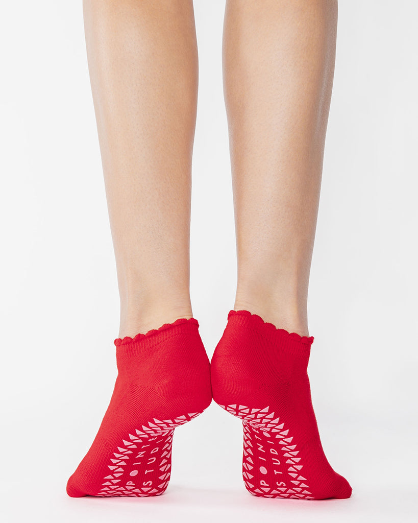 Pointe Studio Love Full Foot Grip Sock - No Slip Cotton Blend for Pilates & Barre - Womens - Red