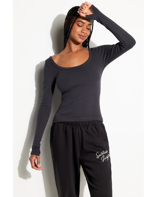 Spiritual Gangster Chrissie Rib Long Sleeve Top - CWTP002 - Womens - Ash