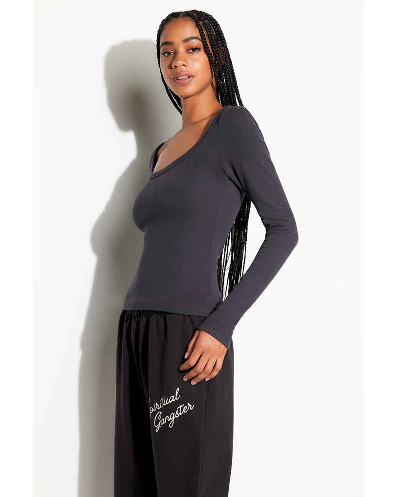 Spiritual Gangster Chrissie Rib Long Sleeve Top - CWTP002 - Womens - Ash