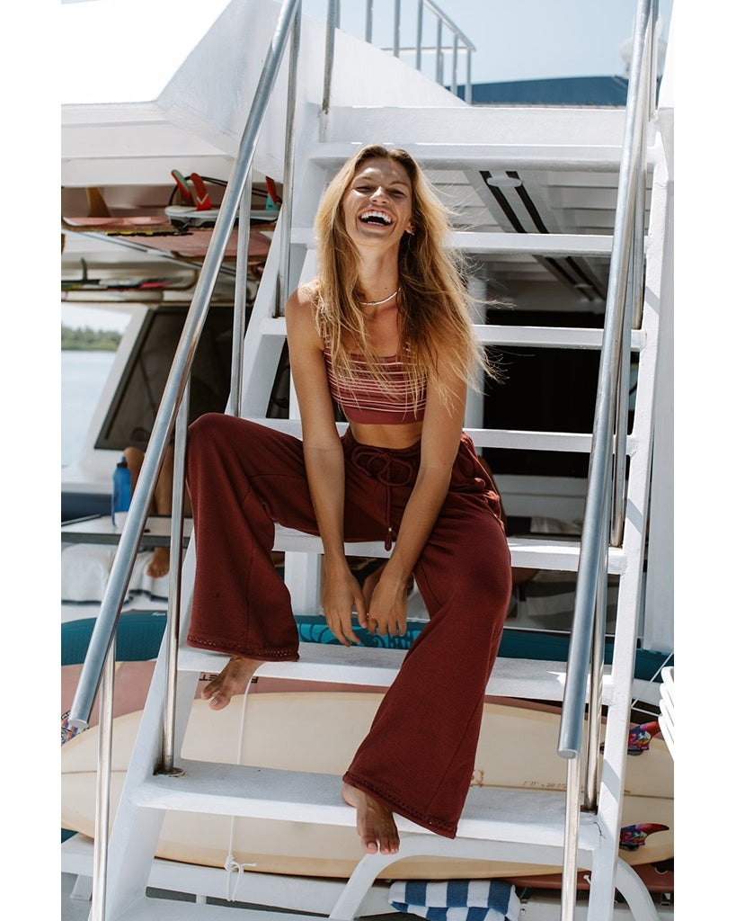 Spiritual Gangster Lofty Slub Rib Claudia Wide Leg Pant - Womens - Washed Burgundy