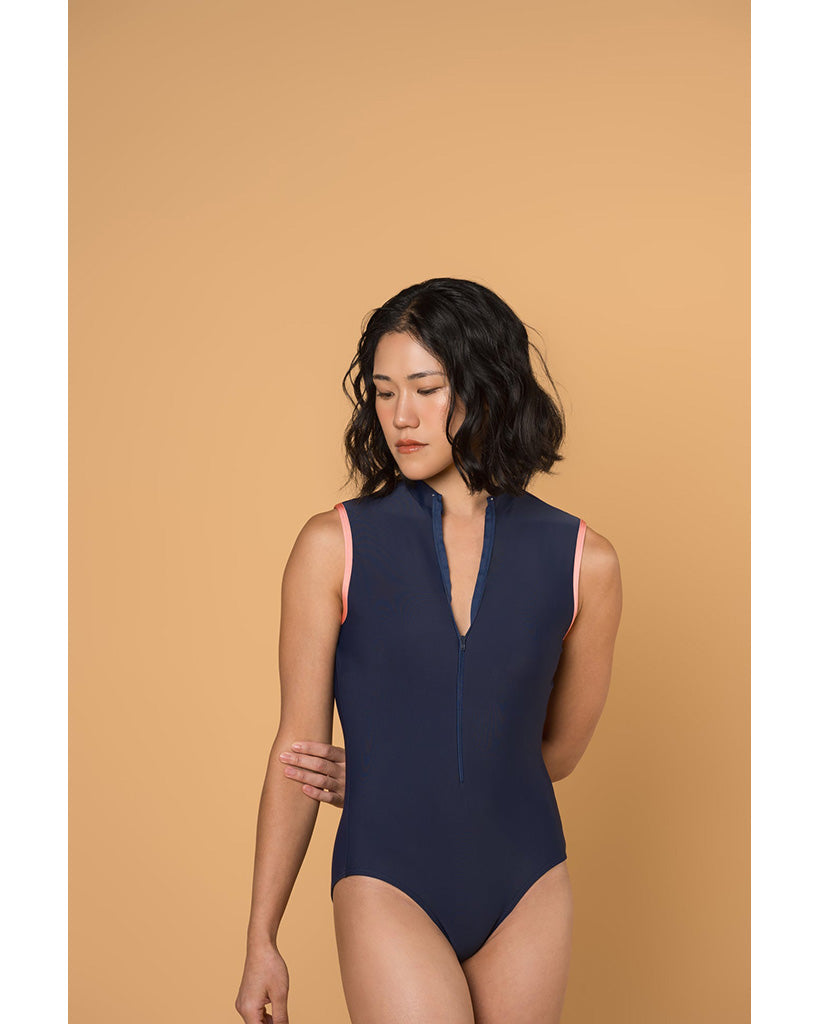 Supertone Bolt Collection Lexi High Neck Zip Front Open Back Sleeveless Leotard - Women
