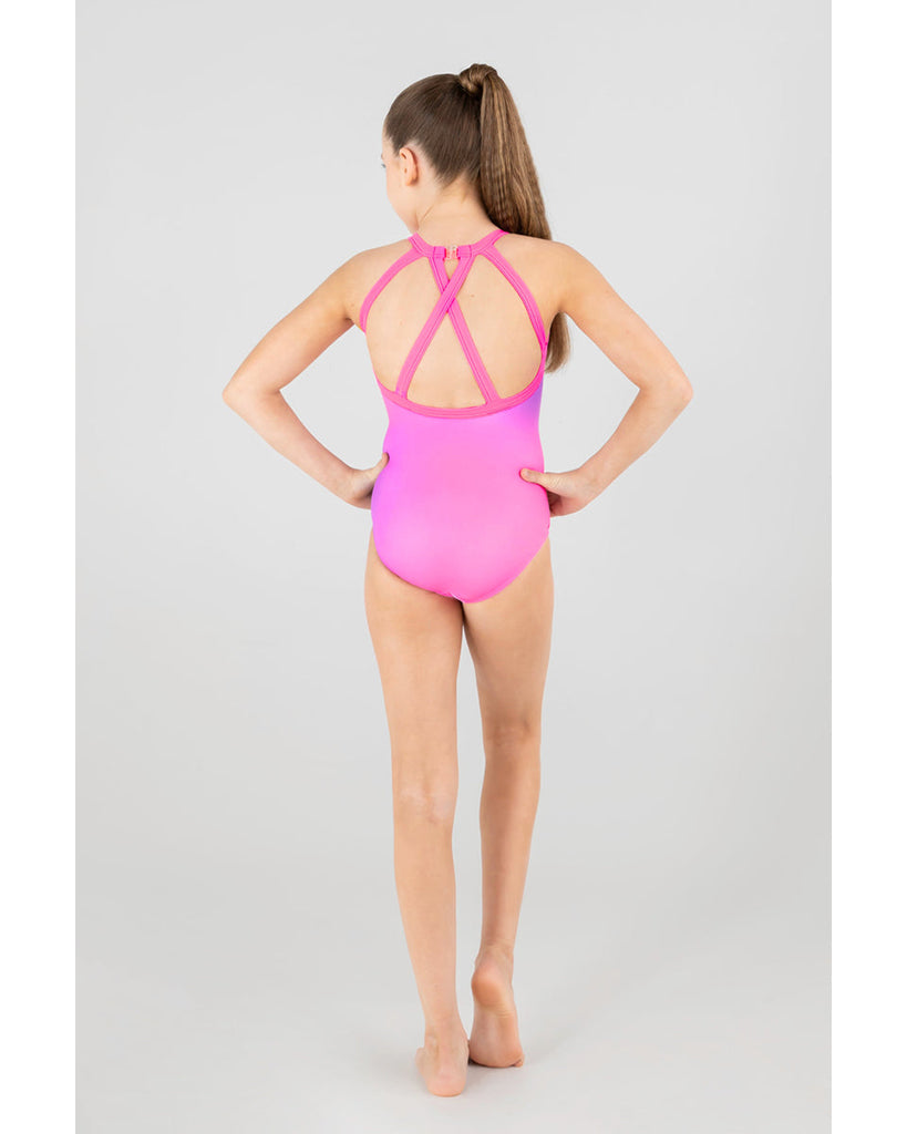 Sylvia P Bring It On High Halter Clasp Back Sleeveless Gymnastic Leotard - Girls - Pink Ombre / Holographic Shimmer