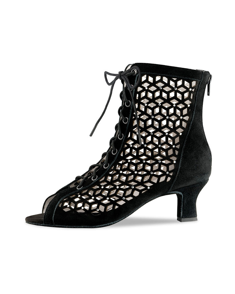 Werner Kern Elaine Black Suede Rhinestone Leather 5 cm Heel Laced Ankle Boot Dance Shoes - 990-50 Womens