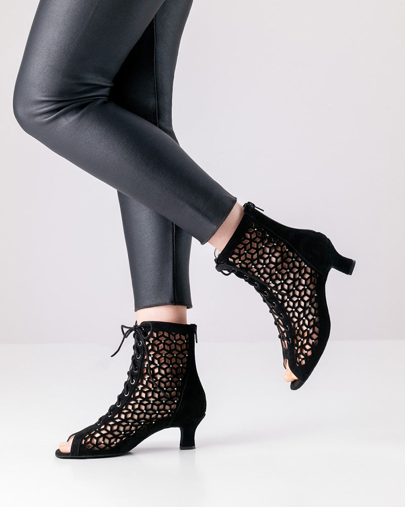 Werner Kern Elaine Black Suede Rhinestone Leather 5 cm Heel Laced Ankle Boot Dance Shoes - 990-50 Womens