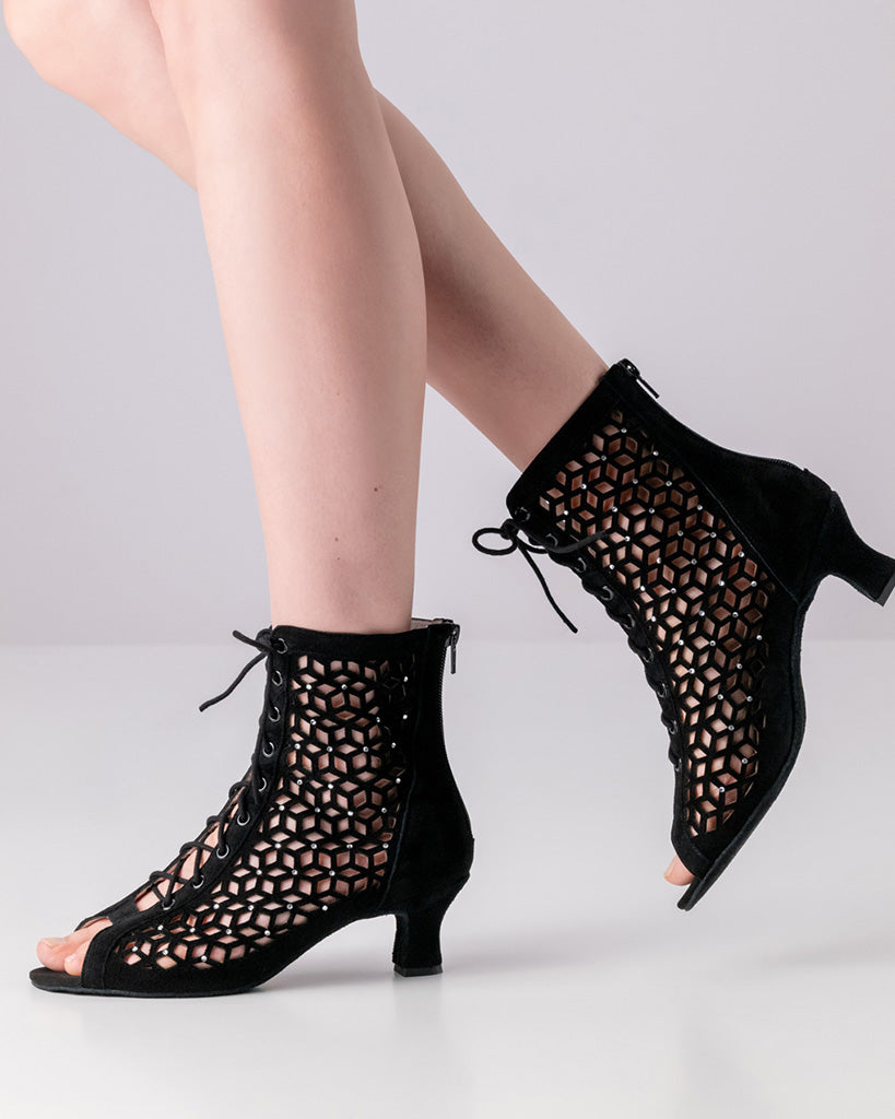 Werner Kern Elaine Black Suede Rhinestone Leather 5 cm Heel Laced Ankle Boot Dance Shoes - 990-50 Womens