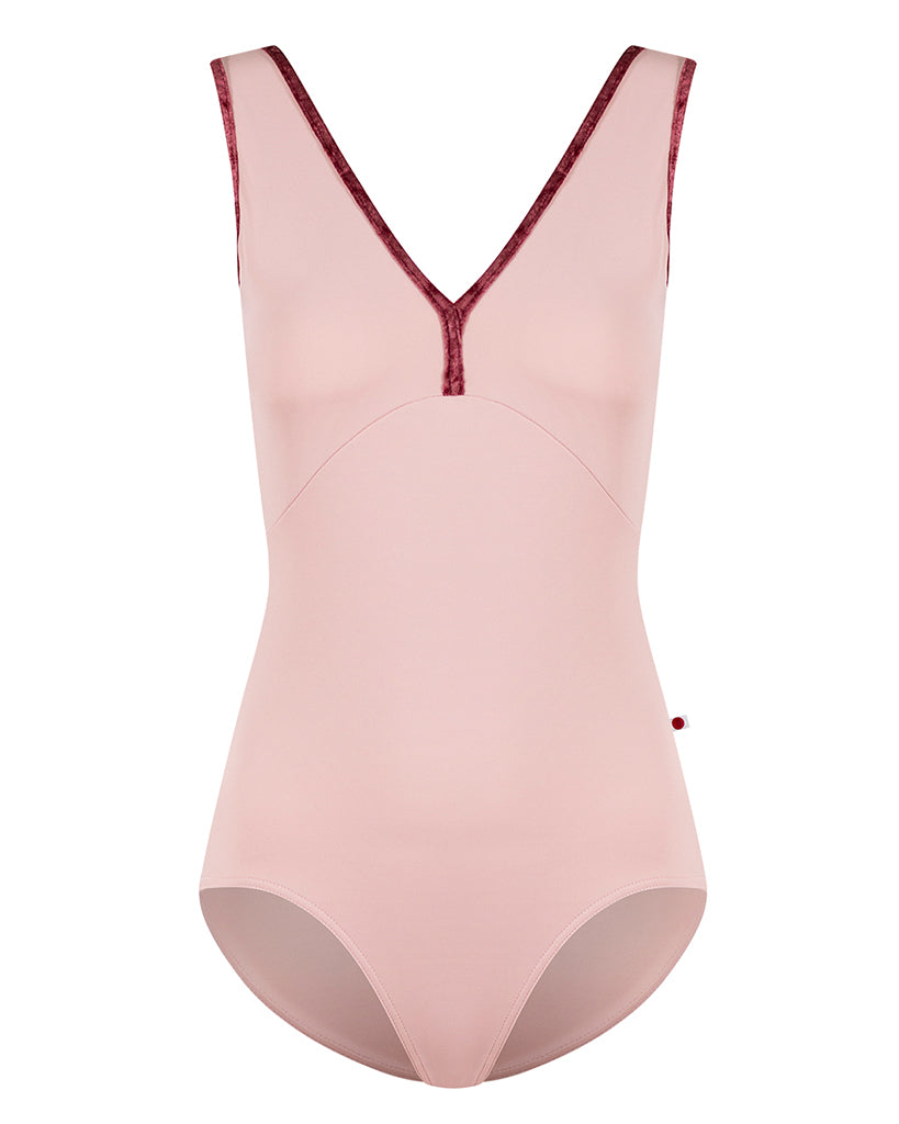 Yumiko Alicia with Crushed Velvet Trim Double V Front &amp; Back Cap Sleeve Leotard - Womens - Petal / Garnet
