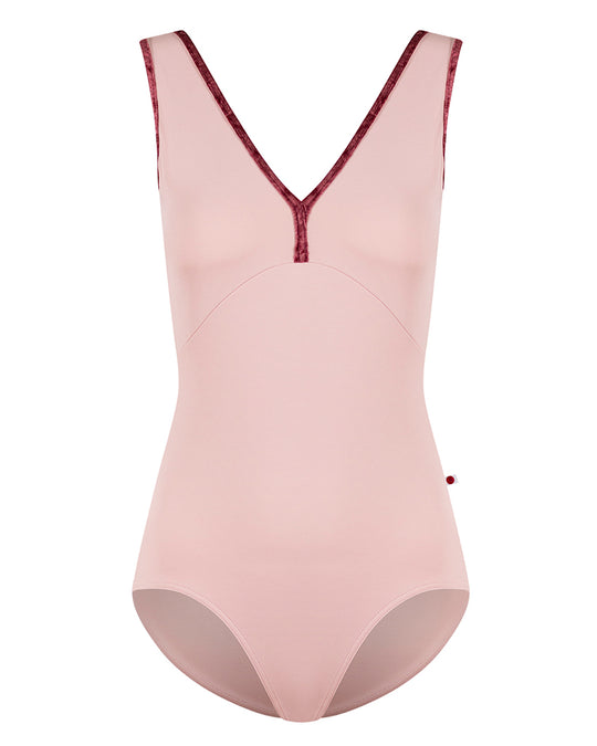Yumiko Alicia with Crushed Velvet Trim Double V Front & Back Cap Sleeve Leotard - Womens - Petal / Garnet