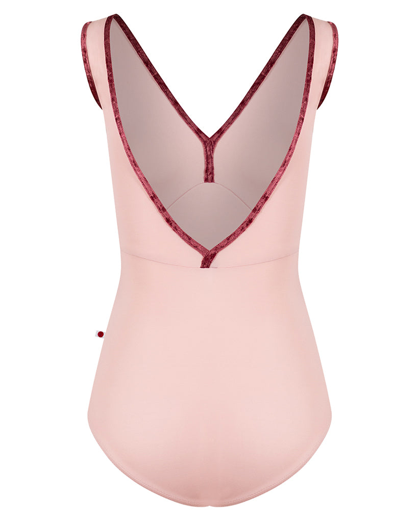 Yumiko Alicia with Crushed Velvet Trim Double V Front &amp; Back Cap Sleeve Leotard - Womens - Petal / Garnet