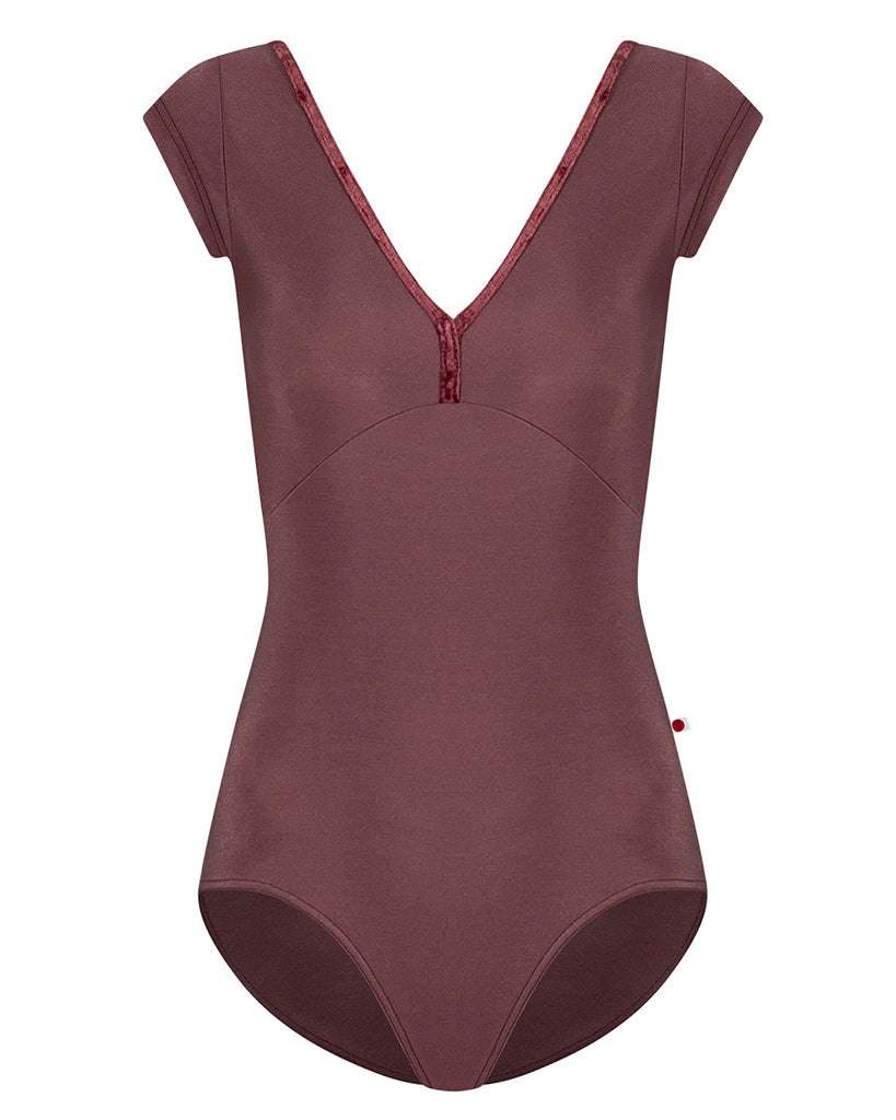 Yumiko Alicia with Crushed Velvet Trim Double V Front & Back Cap Sleeve Leotard - Womens - Phoenix / Garnet