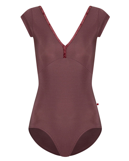 Yumiko Alicia with Crushed Velvet Trim Double V Front & Back Cap Sleeve Leotard - Womens - Phoenix / Garnet