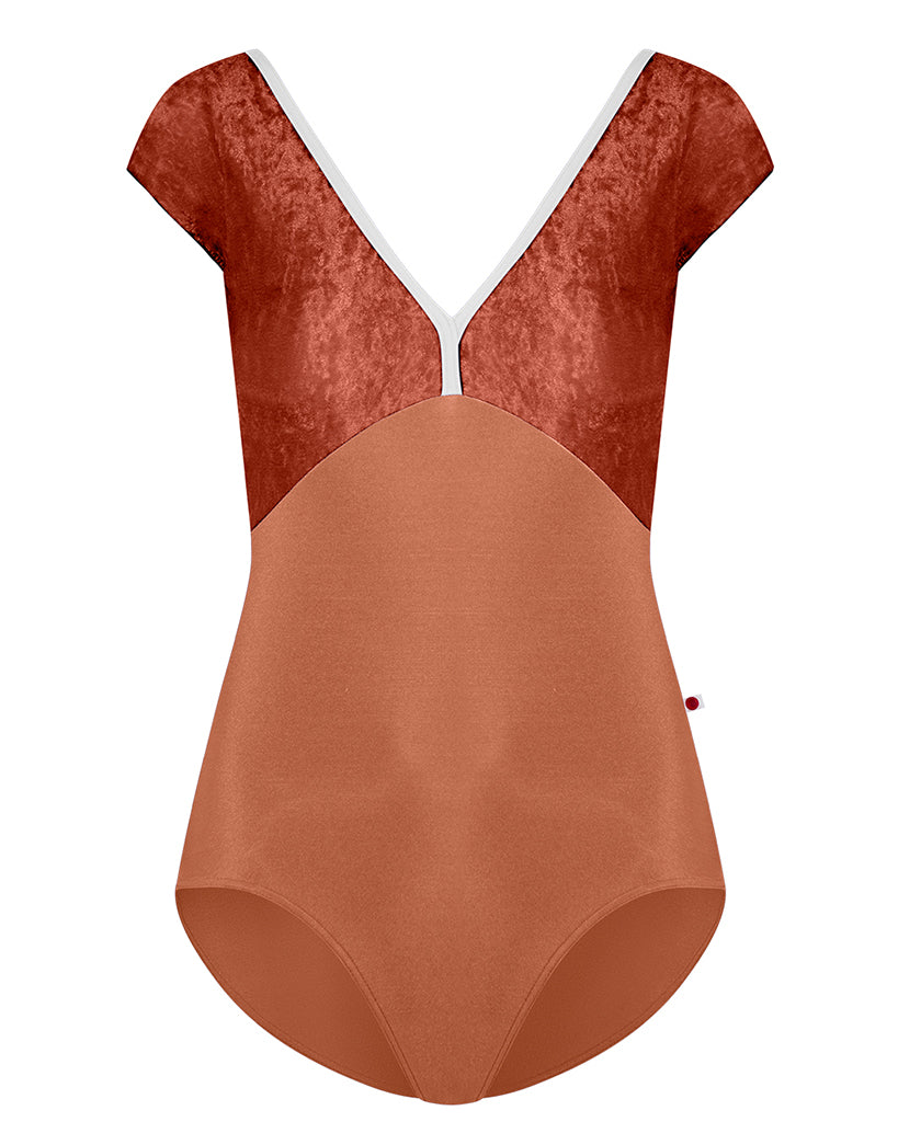 Yumiko Alicia with Crushed Velvet Trim Double V Front &amp; Back Cap Sleeve Leotard - Womens - Rosewood / Amaretto / Antique