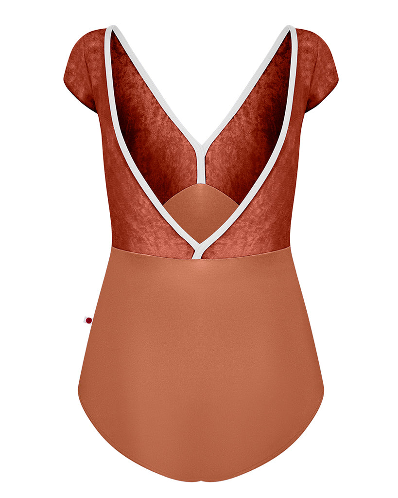 Yumiko Alicia with Crushed Velvet Trim Double V Front &amp; Back Cap Sleeve Leotard - Womens - Rosewood / Amaretto / Antique