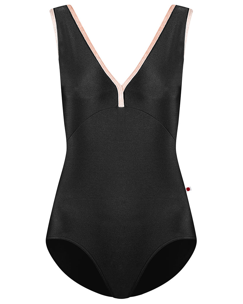 Yumiko Alicia with Crushed Velvet Trim Double V Front & Back Sleeveless Leotard - Womens - Black / Misty Rose