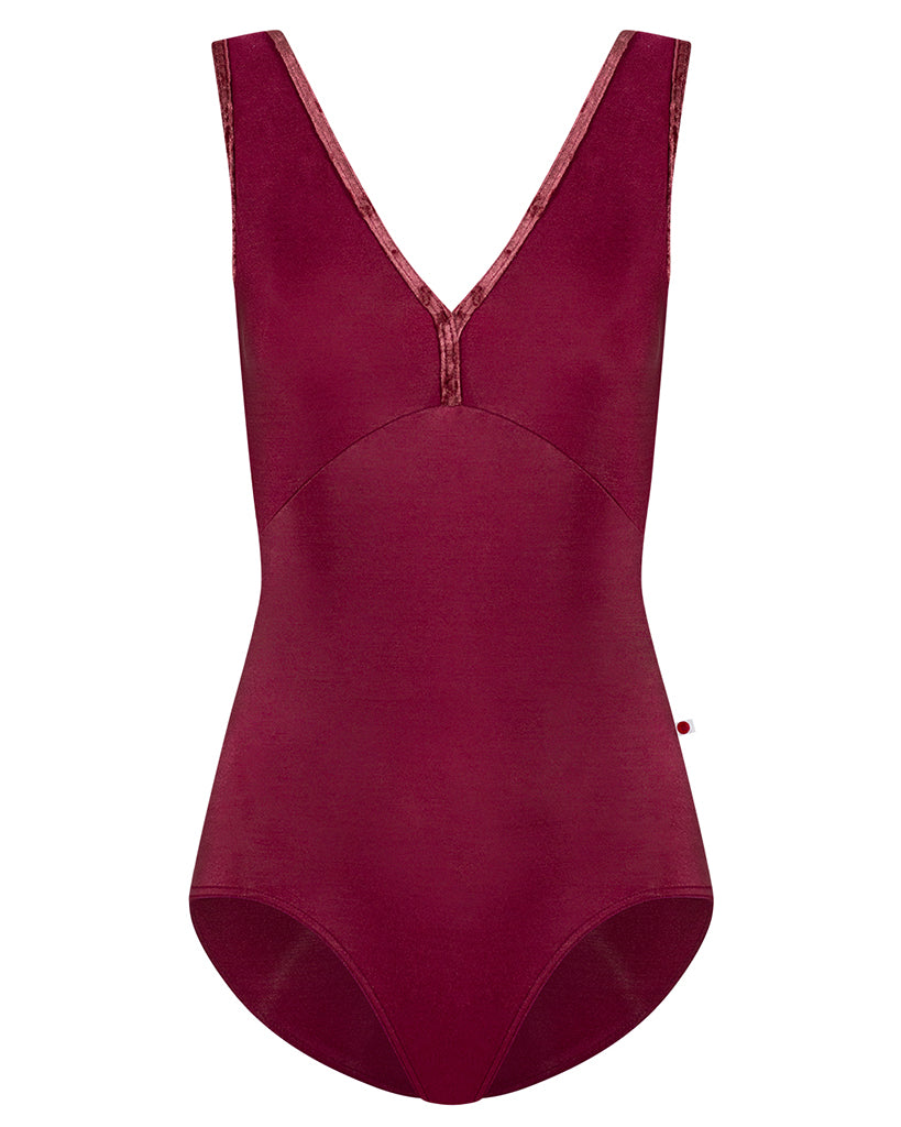 Yumiko Alicia with Crushed Velvet Trim Double V Front & Back Sleeveless Leotard - Womens - Burgundy / Garnet