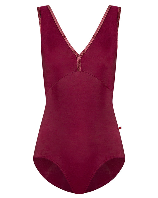 Yumiko Alicia with Crushed Velvet Trim Double V Front & Back Sleeveless Leotard - Womens - Burgundy / Garnet