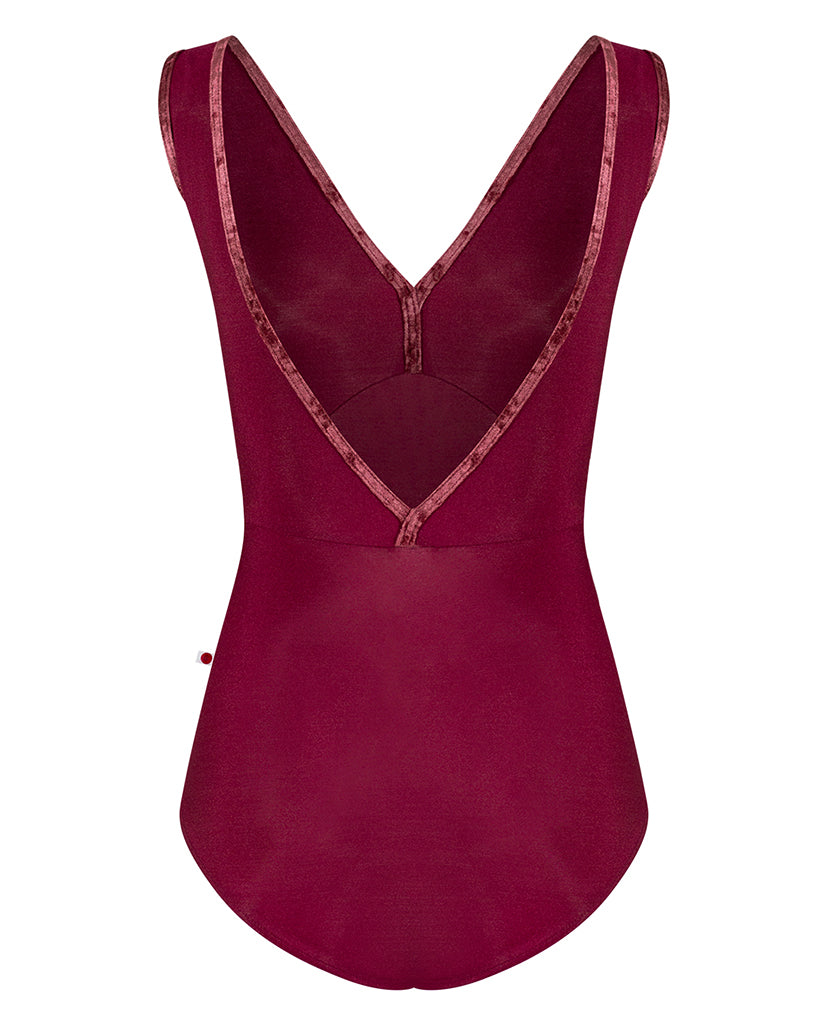 Yumiko Alicia with Crushed Velvet Trim Double V Front & Back Sleeveless Leotard - Womens - Burgundy / Garnet
