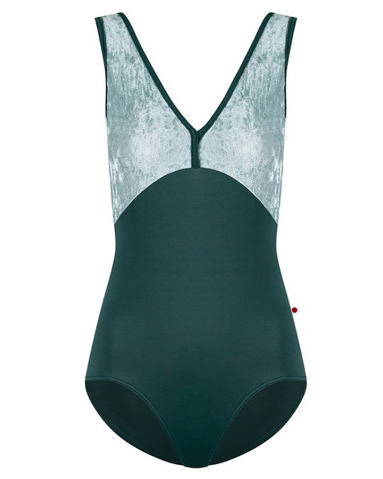 Yumiko Alicia with Crushed Velvet Trim Double V Front & Back Tank Leotard - Womens - Kale / Ice