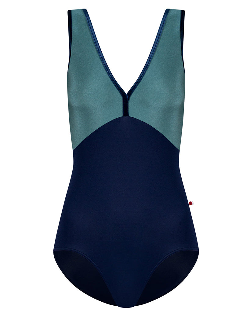 Yumiko Alicia with Velvet Trim Double V Front & Back Sleeveless Leotard - Womens - Cosmo / Frost / Pisces