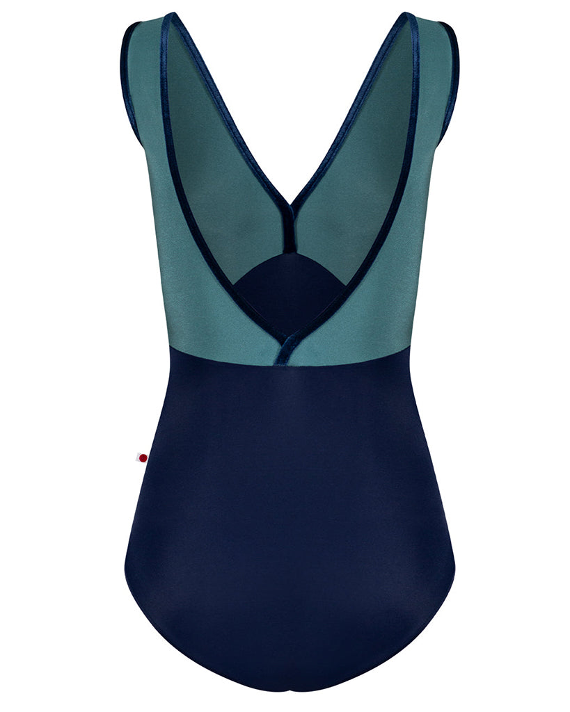 Yumiko Alicia with Velvet Trim Double V Front & Back Sleeveless Leotard - Womens - Cosmo / Frost / Pisces