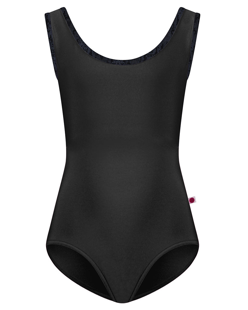 Yumiko Anna with Crushed Velvet Trim Classic Scoop Neck and Back Tank Leotard - Girls - Black