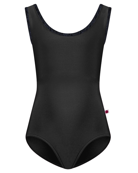 Yumiko Anna with Crushed Velvet Trim Classic Scoop Neck and Back Tank Leotard - Girls - Black