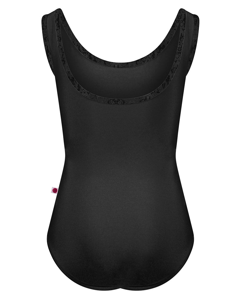 Yumiko Anna with Crushed Velvet Trim Classic Scoop Neck and Back Tank Leotard - Girls - Black