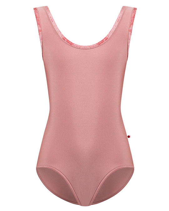 Yumiko Anna with Crushed Velvet Trim Classic Scoop Neck and Back Tank Leotard - Girls - Antique Rose / Romance