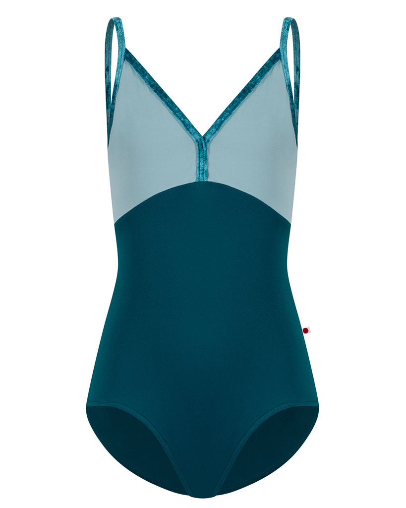 Yumiko Daria with Crushed Velvet Trim V Neck Camisole Leotard - Girls - Zenith / Fog / Juniper