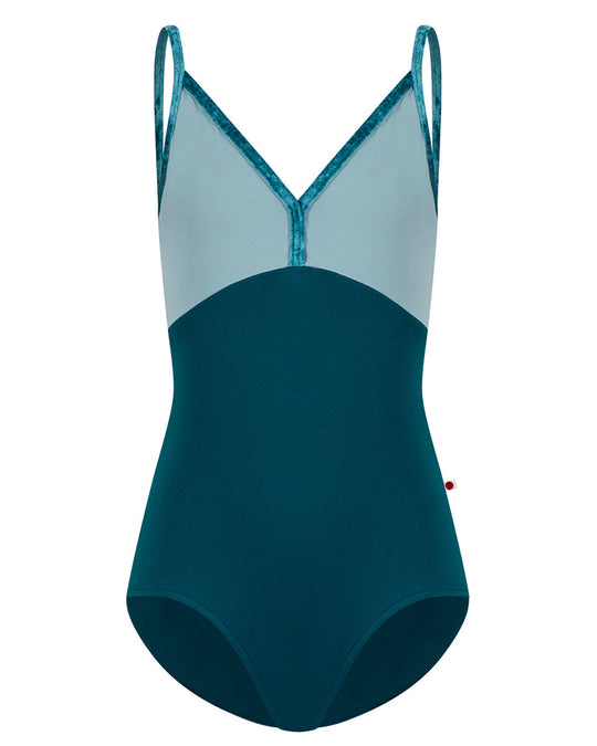 Yumiko Daria with Crushed Velvet Trim V Neck Camisole Leotard - Girls - Zenith / Fog / Juniper