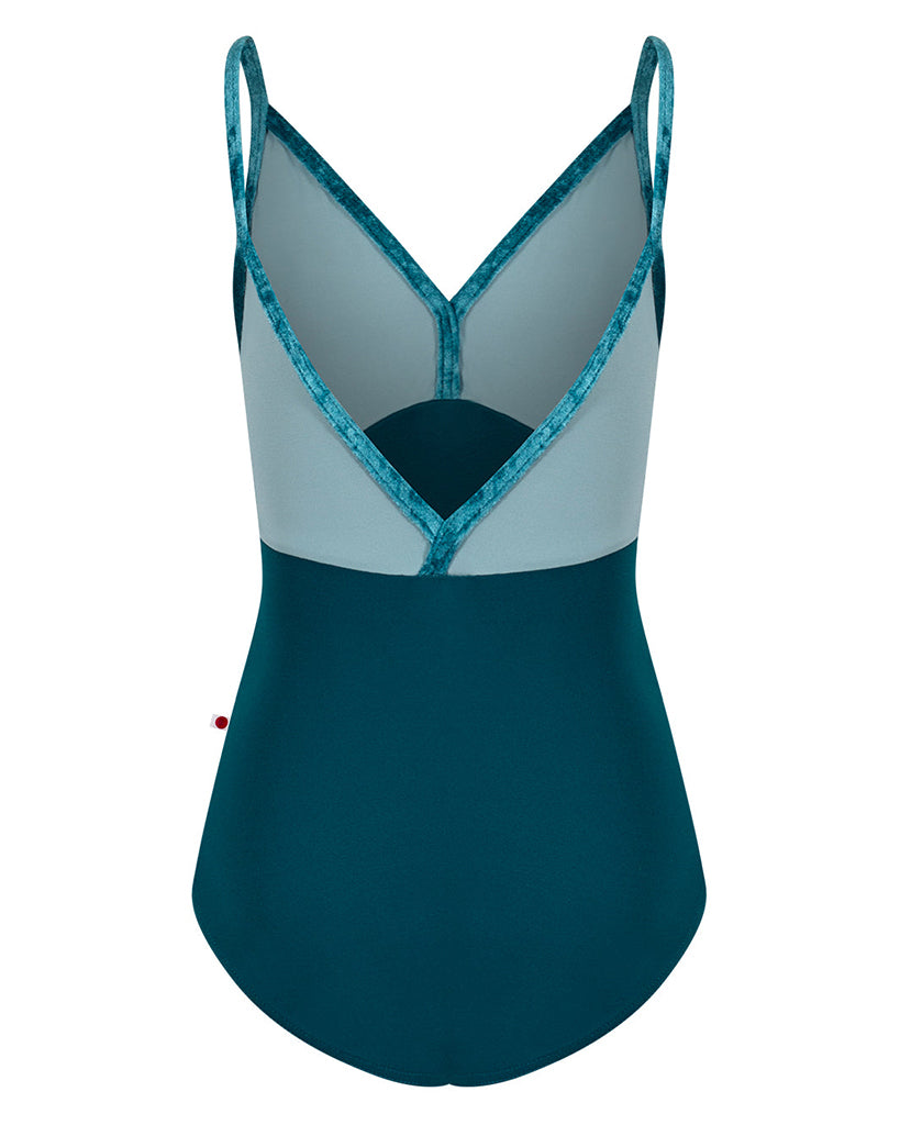 Yumiko Daria with Crushed Velvet Trim V Neck Camisole Leotard - Girls - Zenith / Fog / Juniper