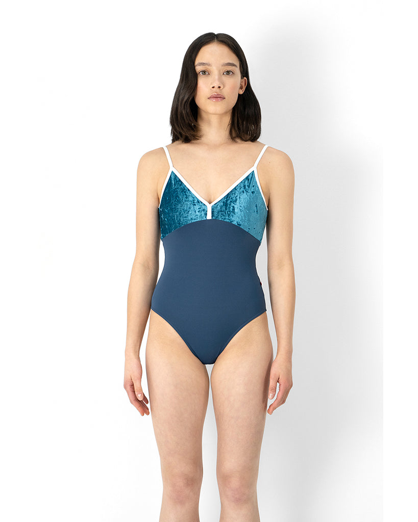 Yumiko Daria with Velvet V-Front &amp; Back High Cut Camisole Leotard - Womens - Storm / Juniper / White