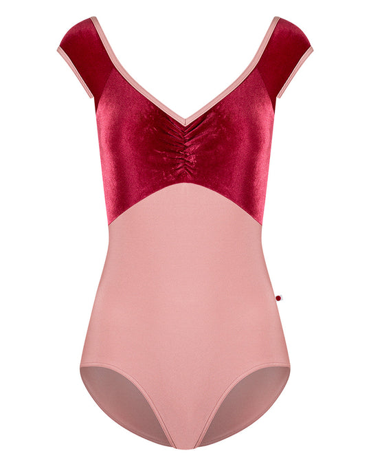 Yumiko Eli with Velvet V Neck Pinch Front Cap Sleeve Leotard - Womens - Antique Rose / Cerise