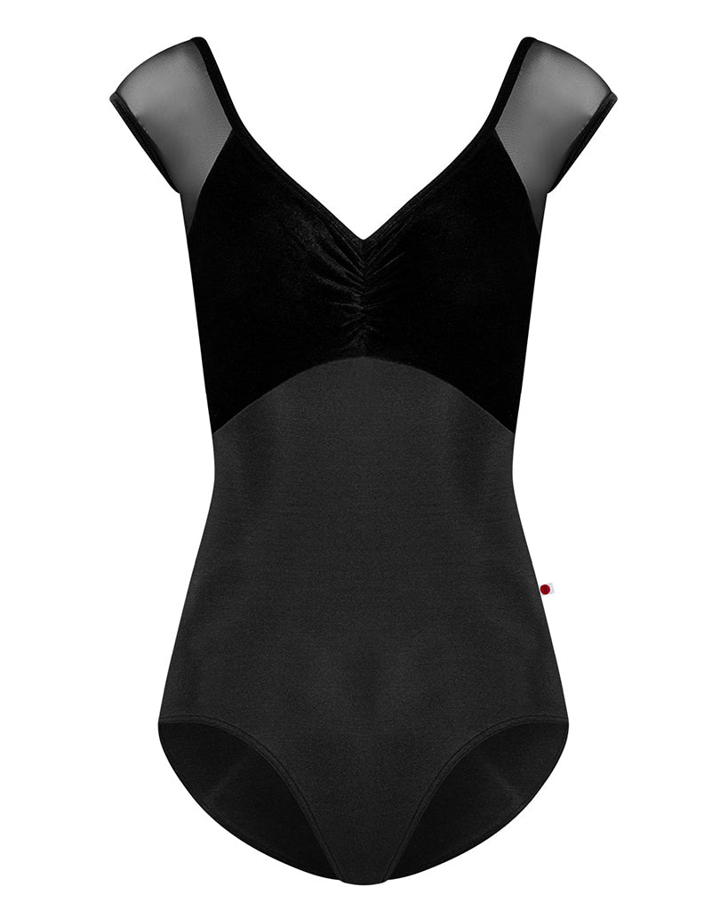 Yumiko Elli with Velvet V Neck Pinch Front Cap Sleeve Leotard - Womens - Black