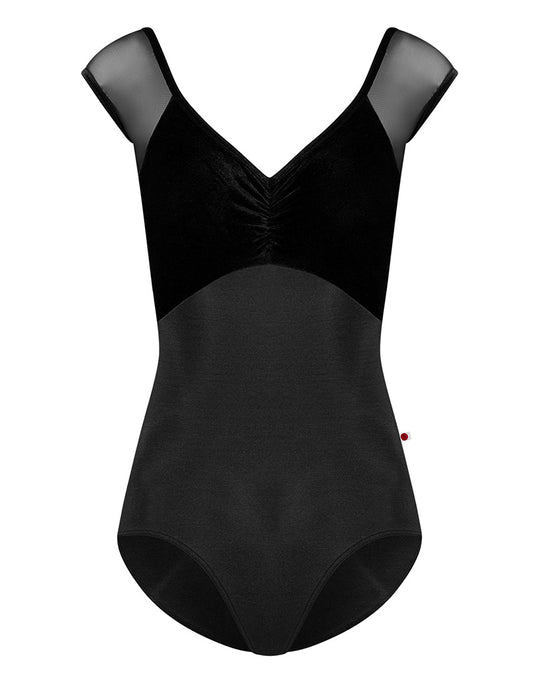 Yumiko Elli with Velvet V Neck Pinch Front Cap Sleeve Leotard - Womens - Black
