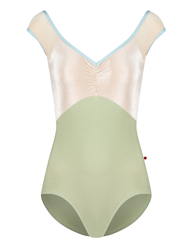Yumiko Eli with Velvet V Neck Pinch Front Cap Sleeve Leotard - Womens - Ginko / Buttermilk / Mirror