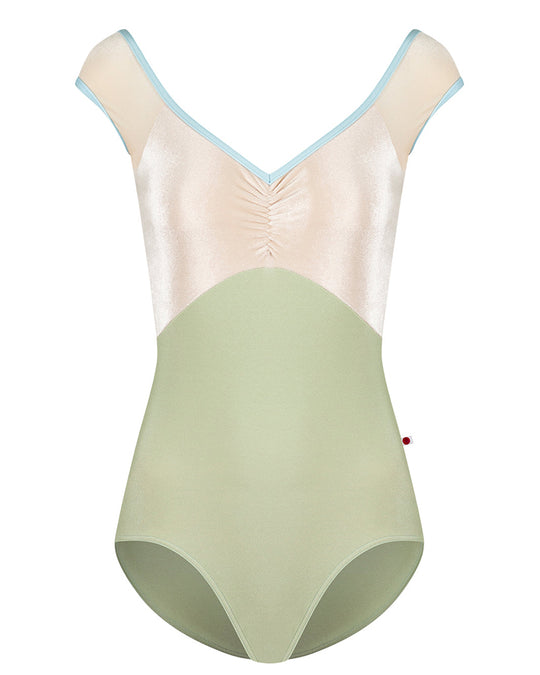 Yumiko Eli with Velvet V Neck Pinch Front Cap Sleeve Leotard - Womens - Ginko / Buttermilk / Mirror