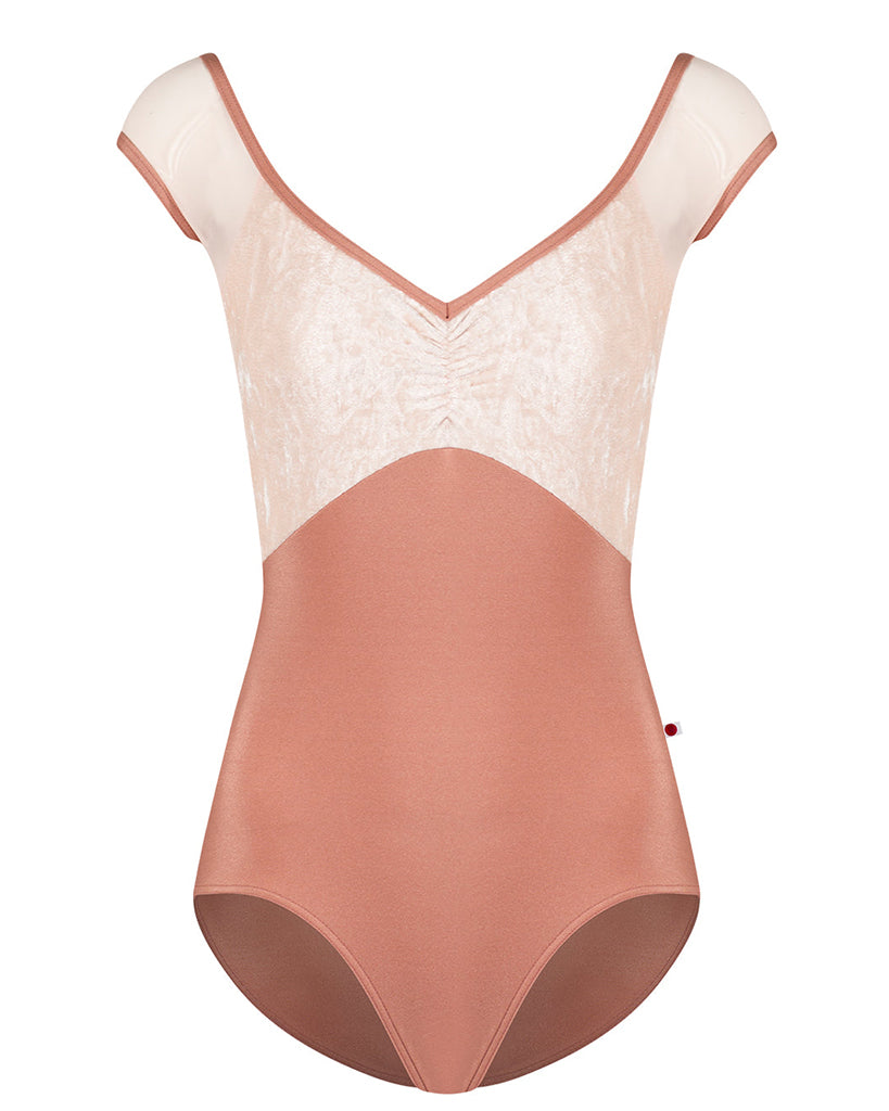 Yumiko Elli Pinch Front with Crushed Velvet and Mesh Cap Sleeve Leotard - Womens - Rosewood / Misty Rose / Blush