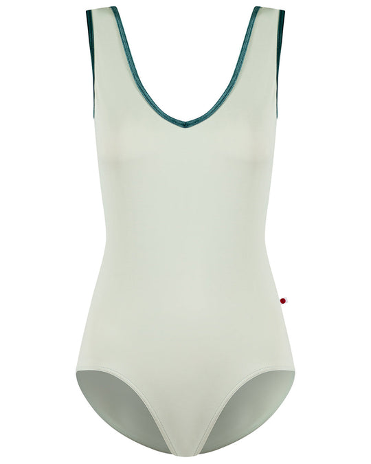 Yumiko Gina with Velvet Trim and Mesh Open V Back Sleeveless Leotard - Womens - Pistachio / White / Orbit