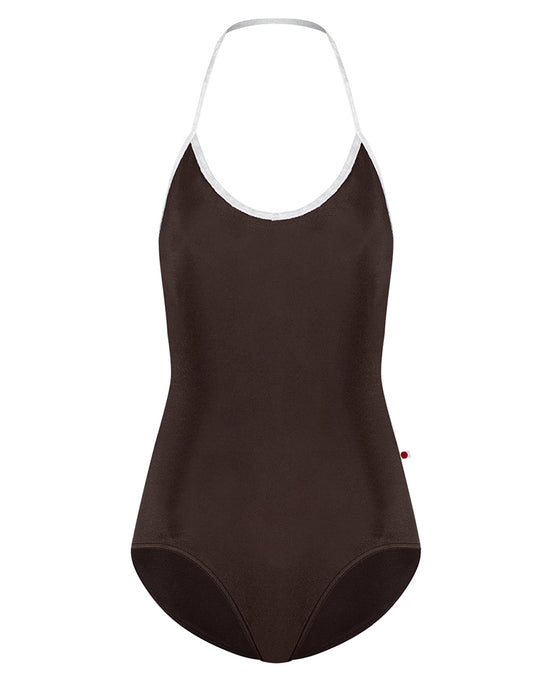 Yumiko Kate with Crushed Velvet Trim Halter Tie Back High Cut Leotard - Womens - Espresso / Silver
