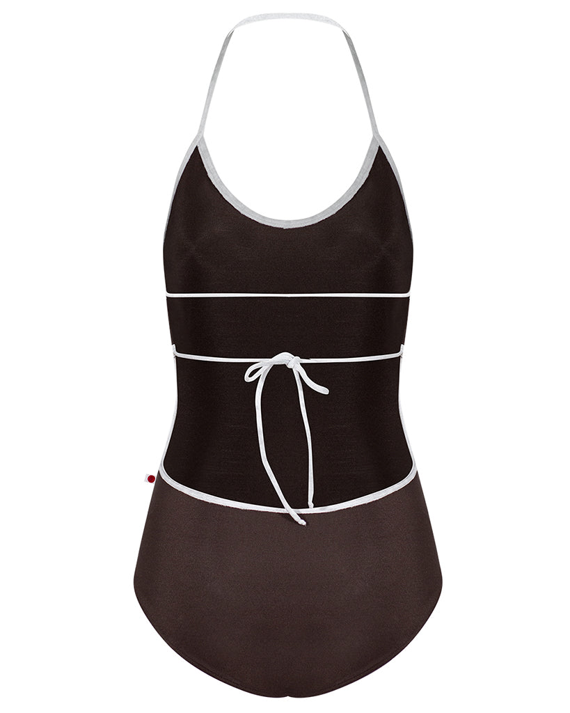 Yumiko Kate with Crushed Velvet Trim Halter Tie Back High Cut Leotard - Womens - Espresso / Silver