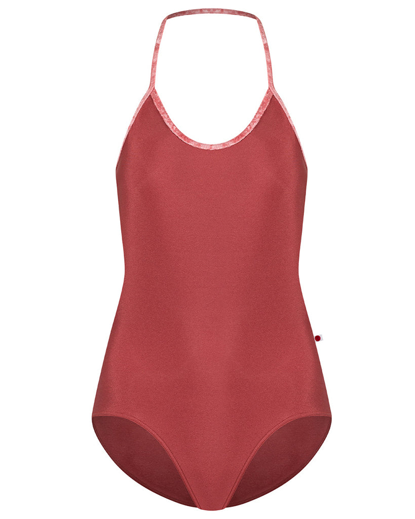Yumiko Kate with Crushed Velvet Trim Halter Tie Back High Cut Leotard - Womens - Fox / Romance