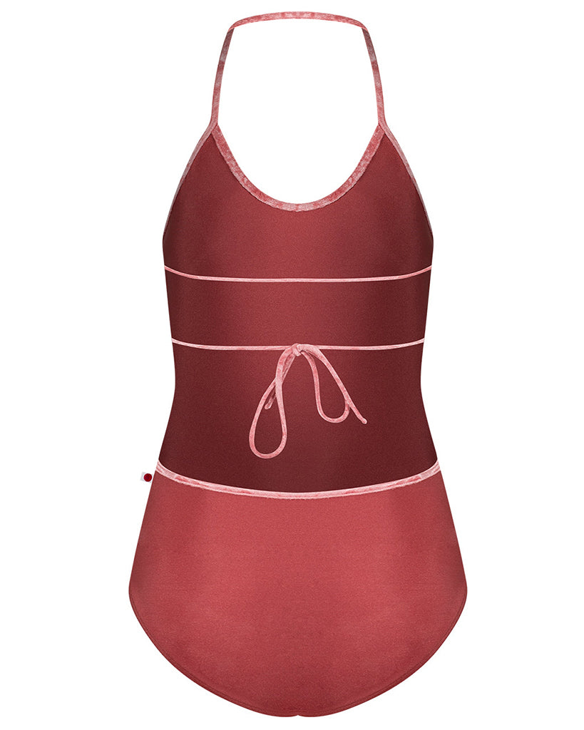 Yumiko Kate with Crushed Velvet Trim Halter Tie Back High Cut Leotard - Womens - Fox / Romance