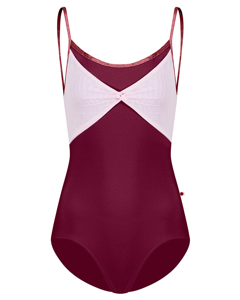 Yumiko Kathy Mesh Overlay with Crushed Velvet Trim Camisole Leotard - Womens - Burgundy / Rose / Garnet
