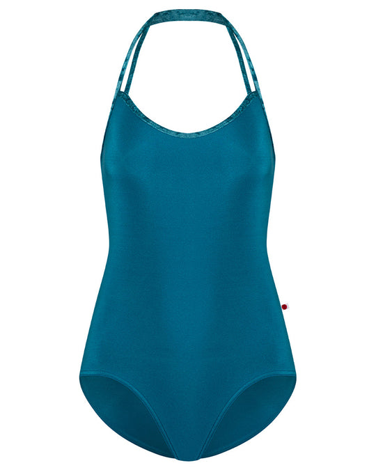Yumiko Lena with Crushed Velvet Trim Double Strap Halter Sleeveless Leotard - Womens - Ottanio / Juniper