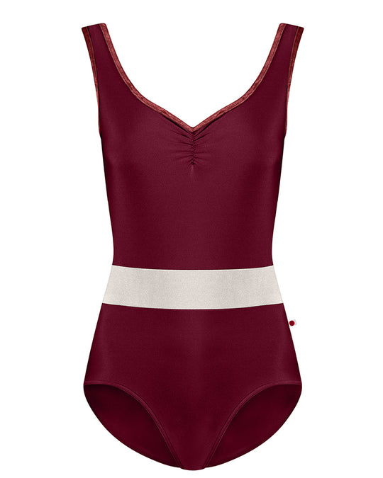 Yumiko Lucy with Crushed Velvet Trim Pinch Front Colour Block Waistband Tank Leotard - Womens - Burgundy / Antique / Garnet