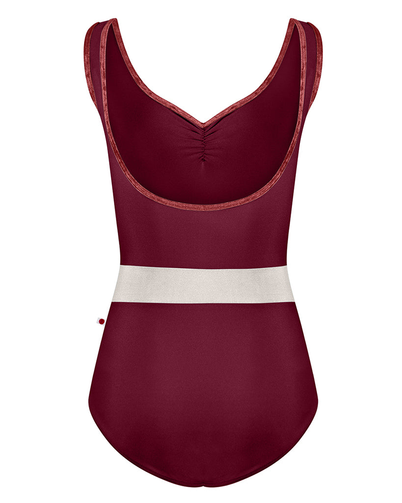 Yumiko Lucy with Crushed Velvet Trim Pinch Front Colour Block Waistband Tank Leotard - Womens - Burgundy / Antique / Garnet