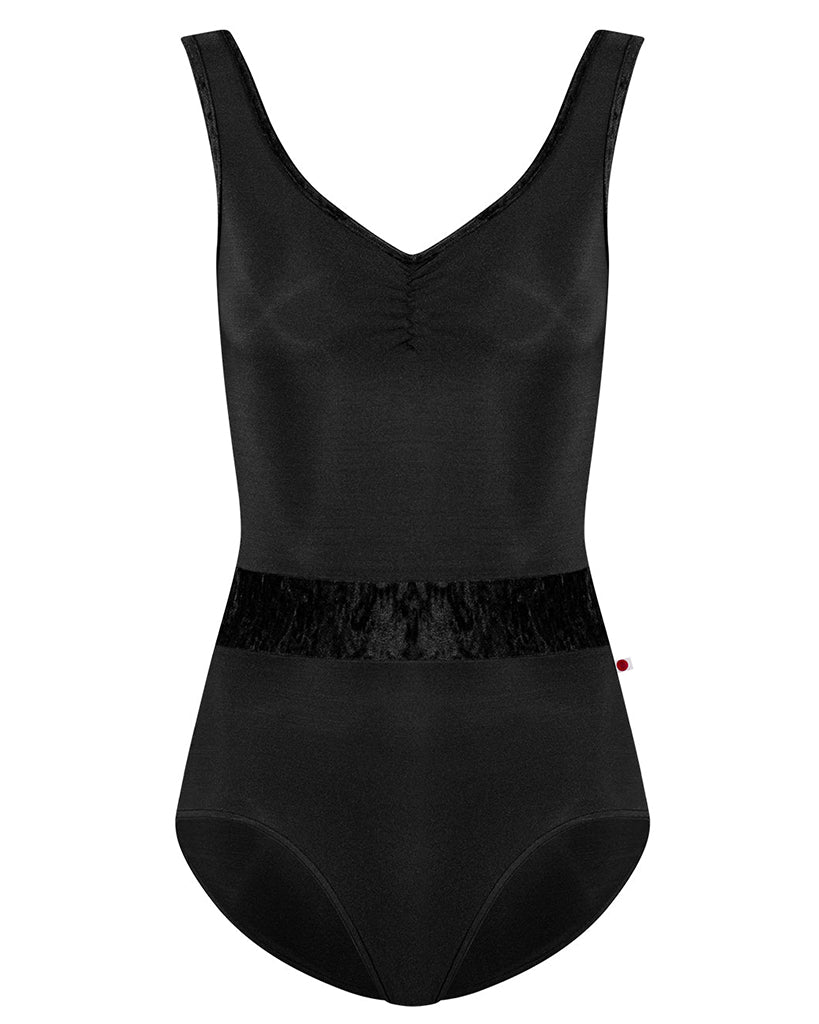 Yumiko Lucy with Crushed Velvet Trim & Waistband Pinch Front Tank Leotard - Womens - Black
