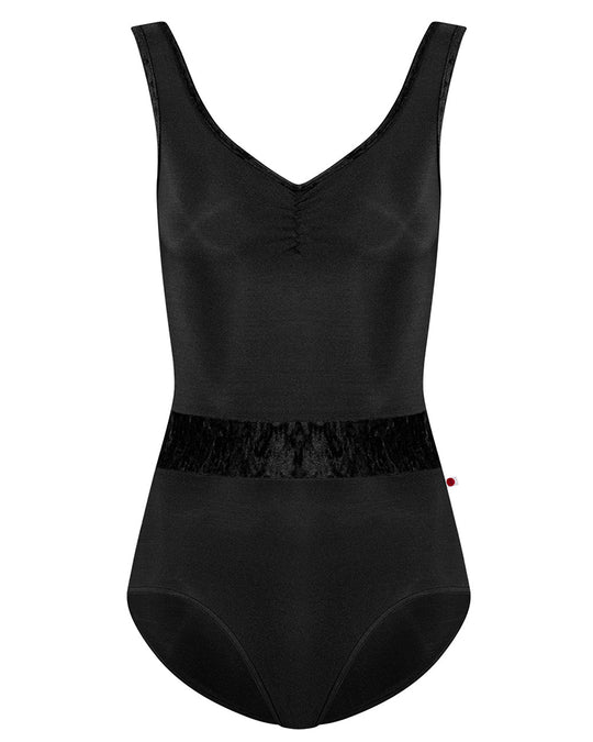 Yumiko Lucy with Crushed Velvet Trim & Waistband Pinch Front Tank Leotard - Womens - Black