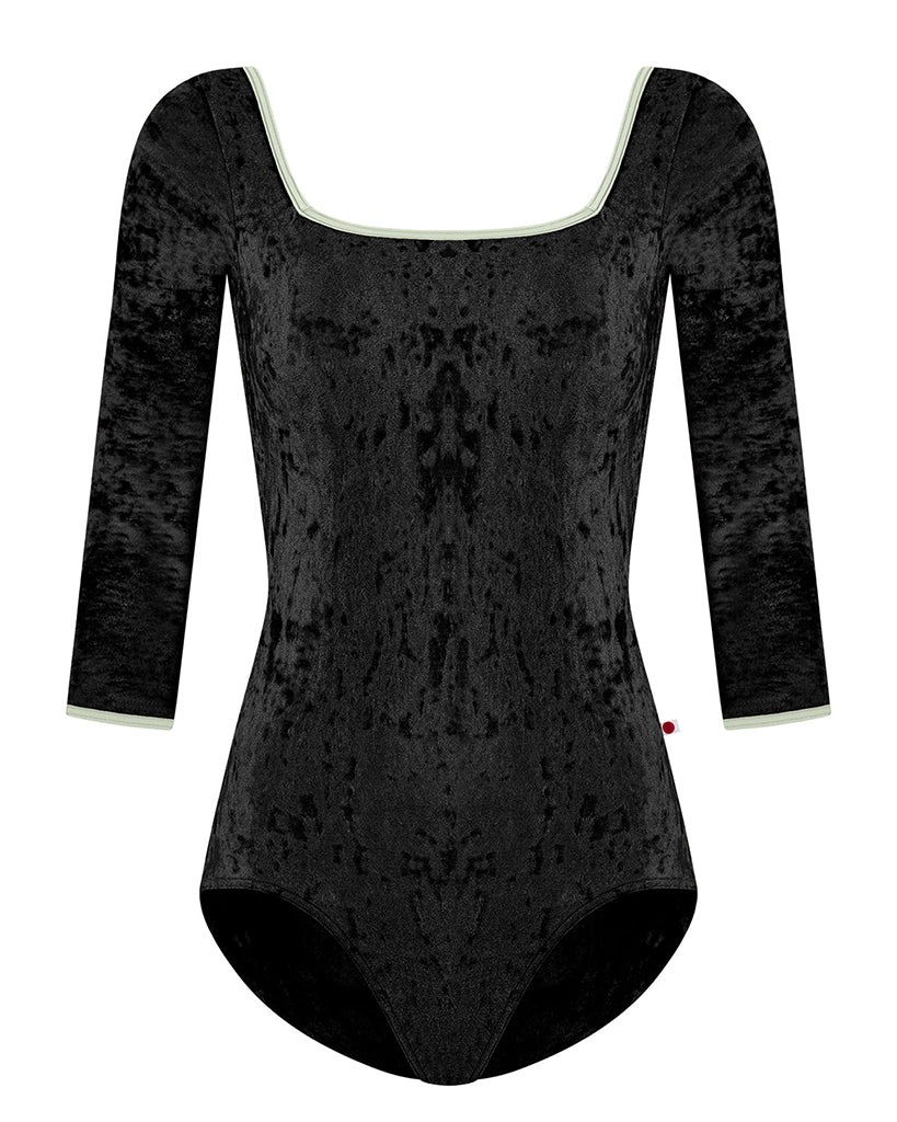 Yumiko Marieke Crushed Velvet Square Neck 3/4 Sleeve Leotard - Womens - Black / Pistachio