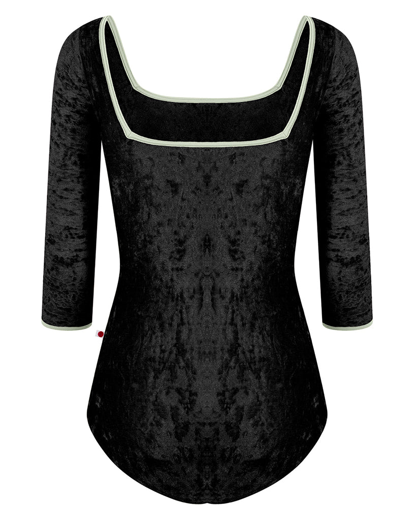 Yumiko Marieke Crushed Velvet Square Neck 3/4 Sleeve Leotard - Womens - Black / Pistachio